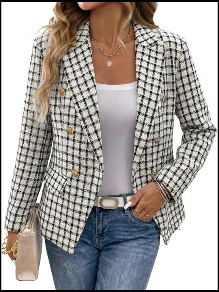 Tweed Plaid Blazer Double-Breasted Fully-Lined Slim Petite Casual Work